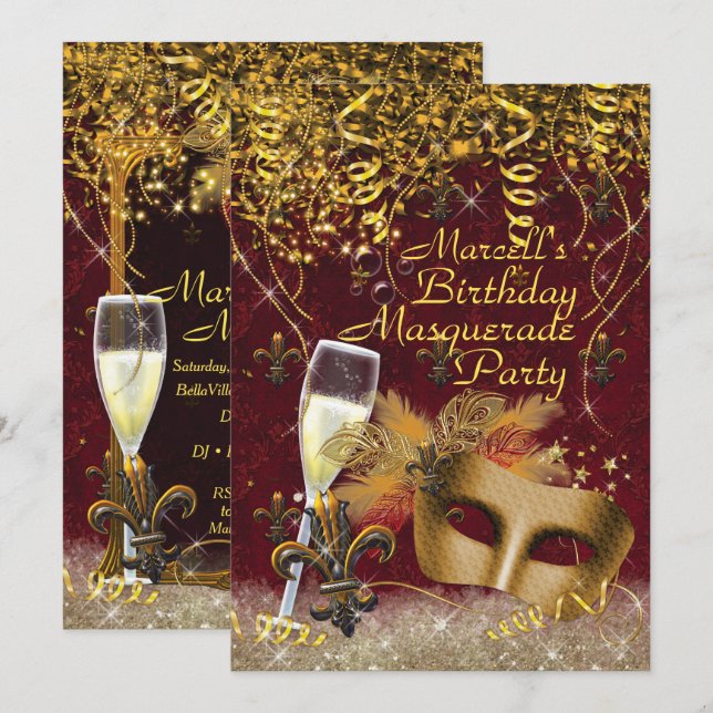 Mens Masquerade Mardi Gras Birthday Party Invite (Front/Back)