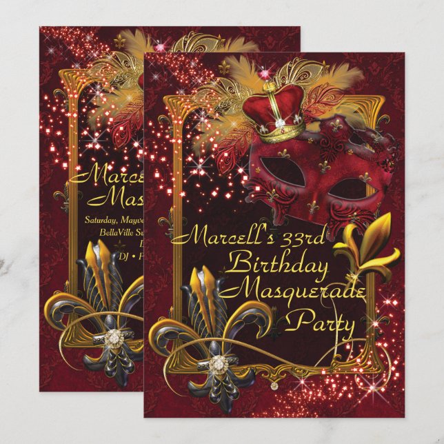 Mens Masquerade Mardi Gras Birthday Party Invite (Front/Back)