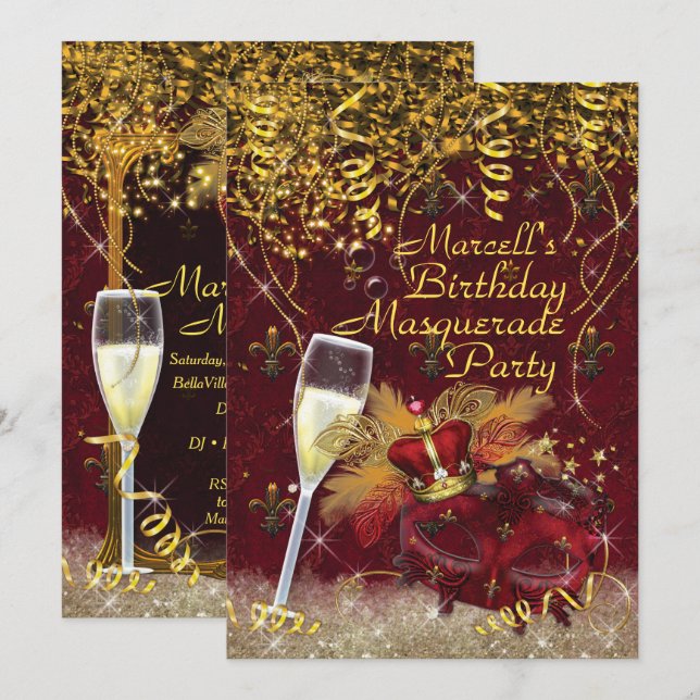 Mens Masquerade Mardi Gras Birthday Party Invite (Front/Back)
