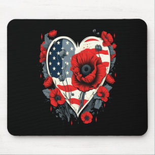 Mens Memorial Day Red Poppy Flower Usa Heart Flag Mouse Mat