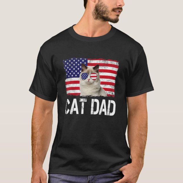 Mens Mens Cat Dad Us Flag 4th Of July Patriotic T-Shirt (Front)