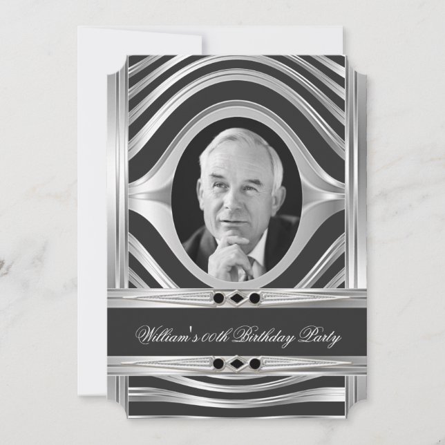 Men's Metal Silver Look Black Photo Jewel Invitation (Front)