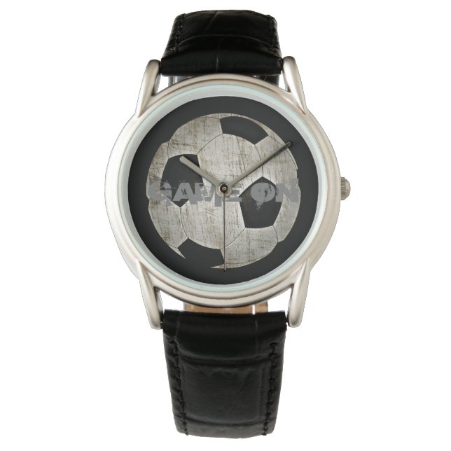 Mens Modern Soccer Ball Black Leather Watch (Front)