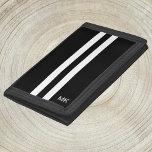 Mens Monogram Black and White Stripes Wallet<br><div class="desc">This wallet design features white racing stripes on black with a place for your monogram (in white) on the lower right.  This is a great gift wallet for men.  Copyright Kathy Henis</div>