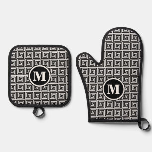 Mens Monogram Black Greek Key Meander Pattern Oven Mitt & Pot Holder Set