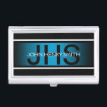 Men's monogram black white blue business card holder<br><div class="desc">Sophisticated,  professional and stylish business card holders featuring your name in white on your initials,  all set against a vibrant aqua blue horizontal band. IDEAL FOR - Corporate gifts,  business professionals and anyone looking for a masculine case to hold their cards.</div>