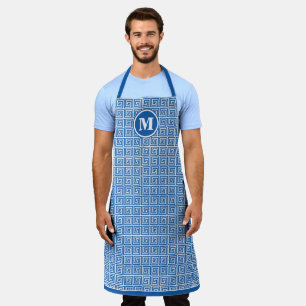 Mens Monogram Blue Greek Key Meander Pattern Apron