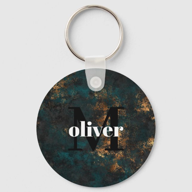 Men's Monogram Gold And Navy Teal  Key Ring (Front)