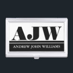 Men's monogram masculine black white business card holder<br><div class="desc">Monogrammed business card holders with your initial in black on white situated above a horizontal grey line and your full name. IDEAL FOR -Entrepreneurs,  upmarket professionals and businessmen looking for plain,  stylish and chic holders for their corporate or company brand image.</div>