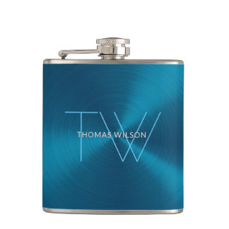 Men's Monogram Modern Minimalist Metallic Blue Hip Flask