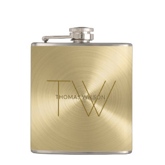 Men's Monogram Modern Minimalist Metallic Gold Hip Flask