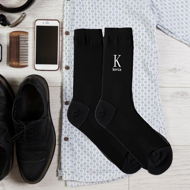 Mens monogram name modern  elegant black and white socks (Creator Uploaded)