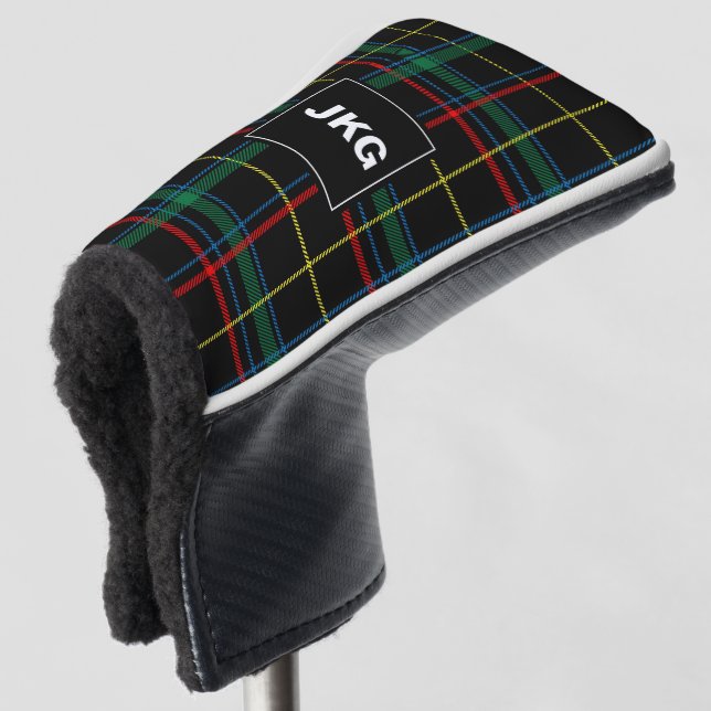 Men's Monogrammed Modern Black Green Plaid Check G Golf Head Cover (3/4 Front)