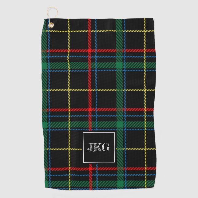 Men's Monogrammed Modern Black Green Plaid Tartan Golf Towel (Front)