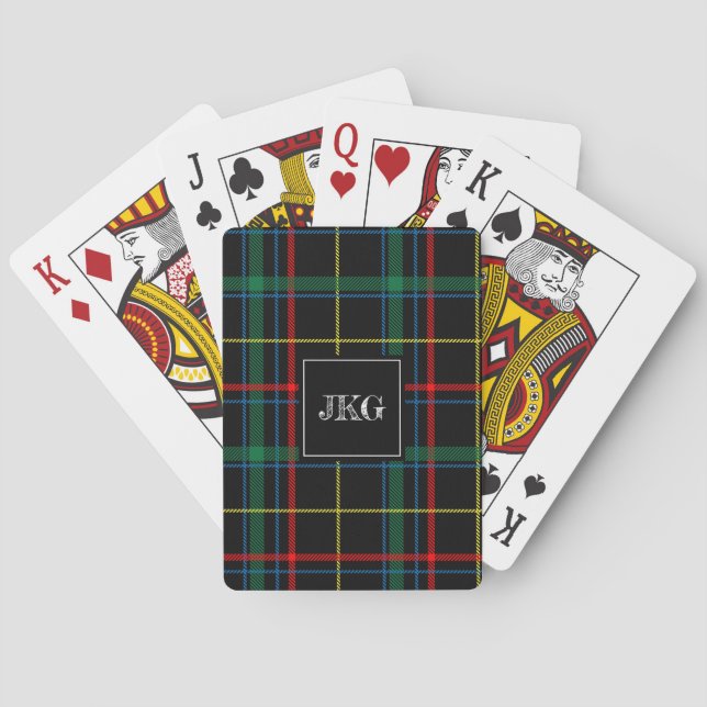 Men's Monogrammed Modern Black Green Plaid Tartan Playing Cards (Back)