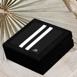 Mens Monogrammed Racing Stripe Gift Box<br><div class="desc">This design features white racing stripes on a black background.  You can monogram the design with your initial in white on the bottom right.  This box makes a great gift for men.  Copyright Kathy Henis</div>
