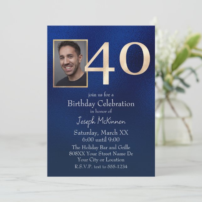 Men's Navy Blue and Gold 40th Birthday Invitation (Standing Front)