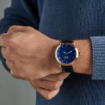 Mens Navy Blue Gold Monogram Black Leather Strap Watch<br><div class="desc">Create your own custom, personalised, elegant faux gold monogrammed on dark navy blue dial, stylish cool unique classy mens rose gold retro vintage classic look style black leather strap watch. Simply type in your name / monogram / initials, to customise. Makes a great gift, for birthday, graduation, fathers day, christmas,...</div>