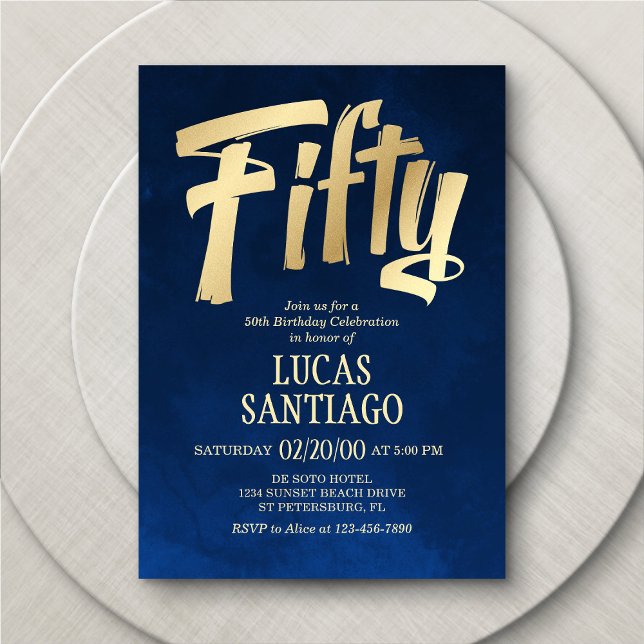 Men's Navy Gold 50th Birthday Invitation (Creator Uploaded)