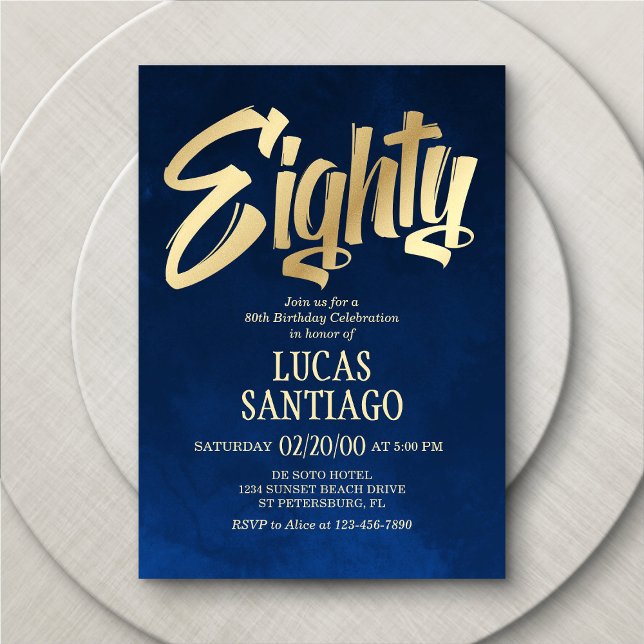 Men's Navy Gold 80th Birthday Invitation (Creator Uploaded)