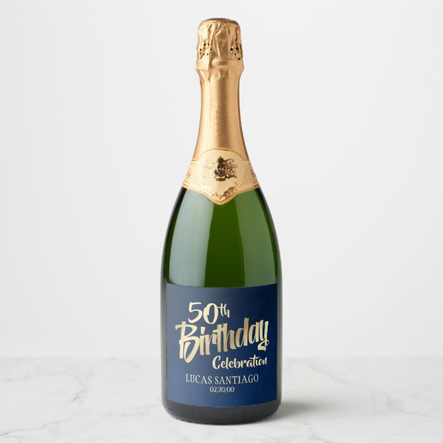 Men's Navy Gold Birthday Sparkling Wine Label (Front)