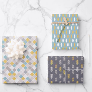 Men's Pantone Grey Gold Blue set of 3 Wrapping Paper Sheet