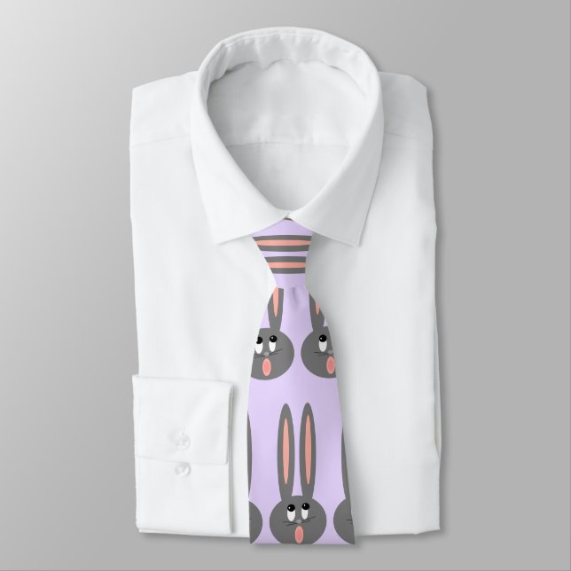 Mens Pastel Purple Grey Easter Bunny Pattern Tie (Tied)