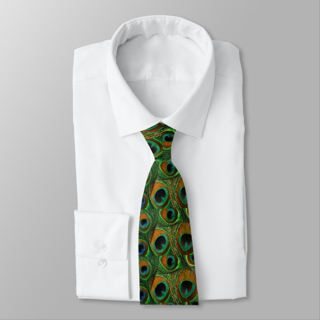 Men's Peacock Feather Tie, Brown Teal Purple Green Tie (Tied)