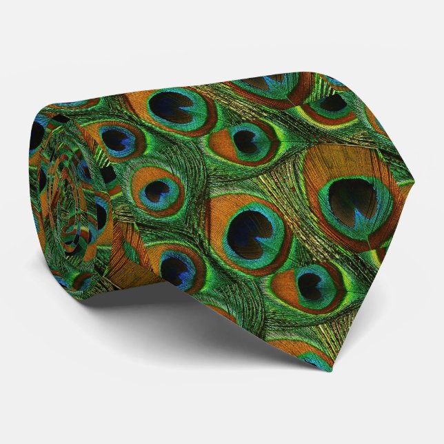 Men's Peacock Feather Tie, Brown Teal Purple Green Tie (Rolled)
