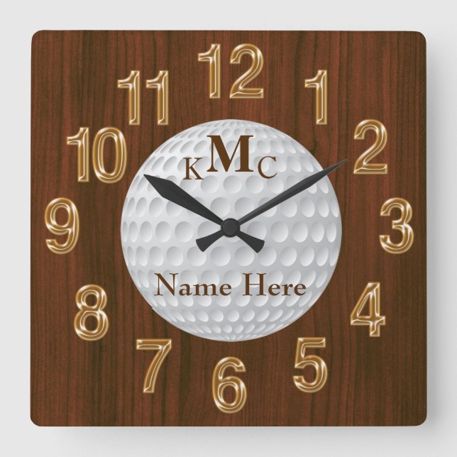 Men's Personalised Golf Clock on Faux Cherry Wood (Front)