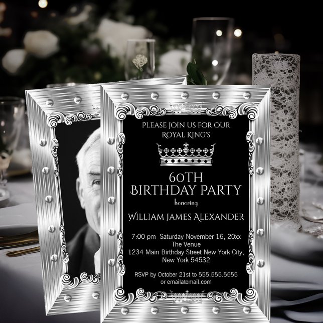 Mens Photo 60th Birthday Party King Silver Crown Invitation (Creator Uploaded)