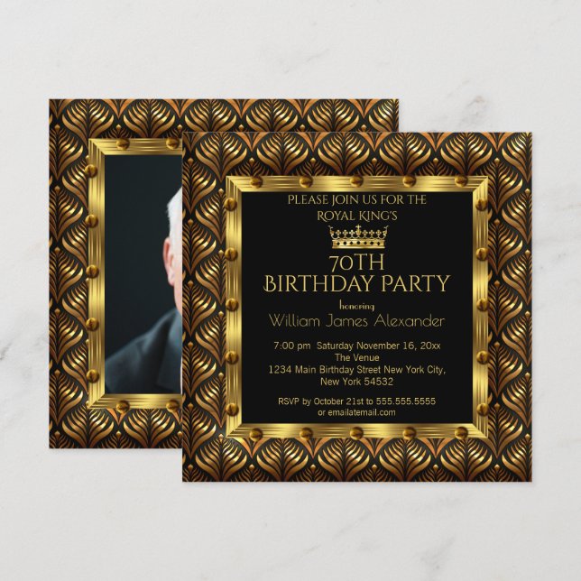 Mens Photo 70th Birthday Party Crown Gold Art Deco Invitation (Front/Back)