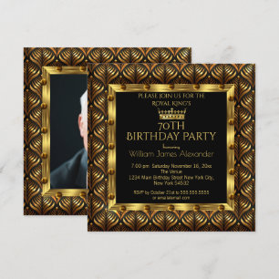 Mens Photo 70th Birthday Party Crown Gold Art Deco Invitation