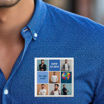 Mens Photo Collage Custom Blue Birthday Party 15 Cm Square Badge<br><div class="desc">Cool custom birthday party button with a 6 photo template collage of a man and his name on the blue squares next to fun balloons. Cute personalised Happy Birthday decor for a boy or teen.</div>