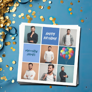 Mens Photo Collage Custom Blue Birthday Party Napkin