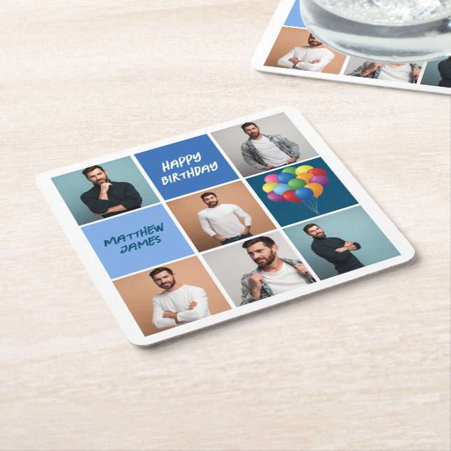 Mens Photo Collage Custom Blue Birthday Party Square Paper Coaster (Angled)