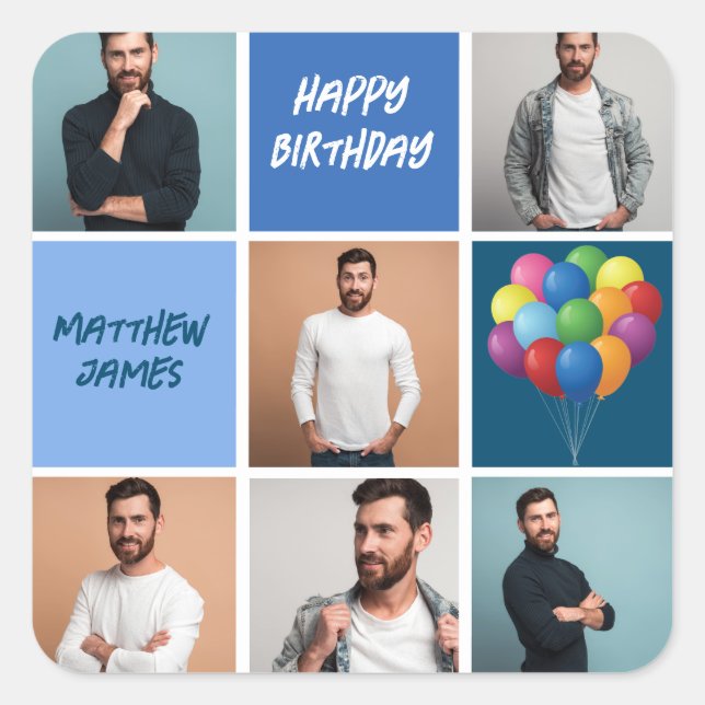 Mens Photo Collage Custom Blue Birthday Party Square Sticker (Front)