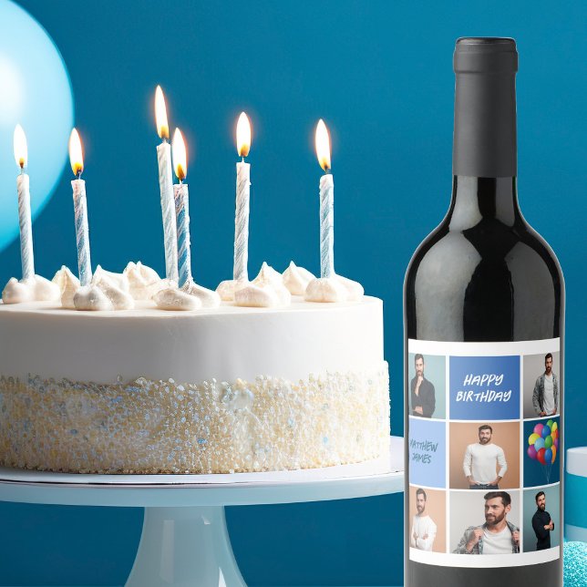 Mens Photo Collage Custom Blue Birthday Party Wine Label (Creator Uploaded)