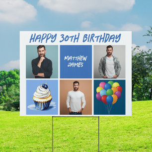 Mens Photo Collage Custom Blue Birthday Party Yard Garden Sign