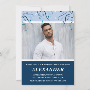 Mens Photo Navy Blue 41st birthday invitations 