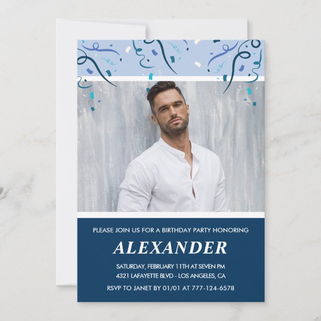 Mens Photo Navy Blue 57th birthday invitations  (Front)