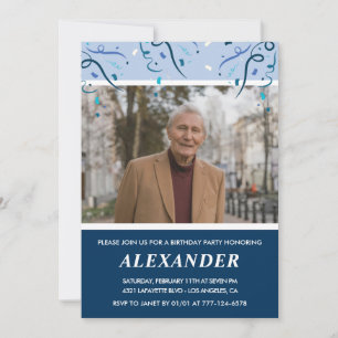 Mens Photo Navy Blue 93rd birthday Invitation