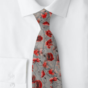 Men's Poppy Red Flowers on Grey Botanical   Tie