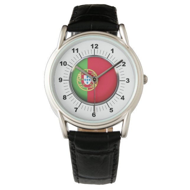 Men's Portugal Flag Crown Black Leather Watch (Front)