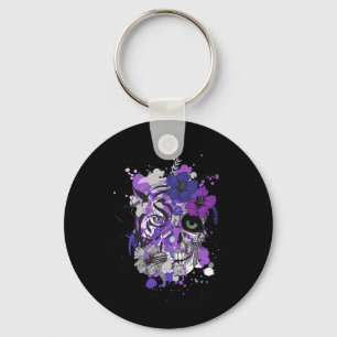 Mens Purple Floral Black Sugar Skull Day Of The Key Ring