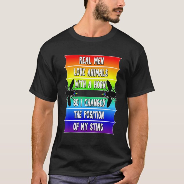 Mens Real Men Pride LGBTQ Bees Funny Gay Rainbow B T-Shirt (Front)