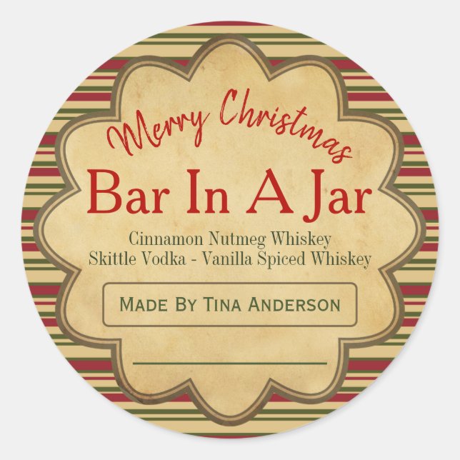 Men's Red Green Christmas Bar In A Jar Ideas Classic Round Sticker (Front)