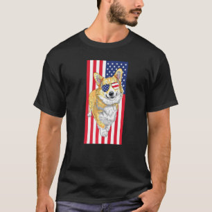 Mens Red Sable Corgi American Flag 4th Of July T-Shirt