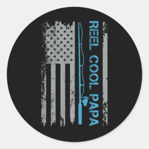 Mens Reel Cool Papa Fishing Us Flag Patriotic 4th  Classic Round Sticker