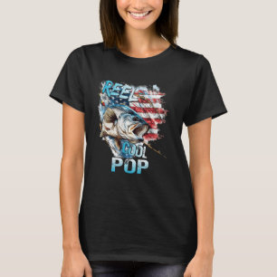 Mens Reel Cool Pop 4th July Fishing USA Flag Dad G T-Shirt